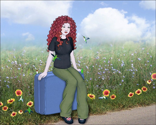 travelogue - signed digital illustration art print 8X10 inches, quirky summer travel picture girl suitcase hummingbirds blue green flowers