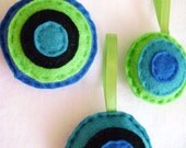 Felt Holiday Ornament Set - Peacock Dots - Hand Stitched Accent Decor - Lime Black Green Teal