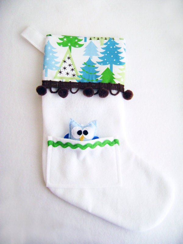 Felt Holiday Stocking - Pocket Peeper Owl - Winter Forest - Blue White Green Brown