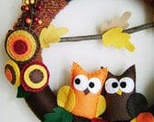 Felt and Yarn Wreath - Autumn Harvest Owls - Made to Order -  Fall Leaves Brown Orange Gold