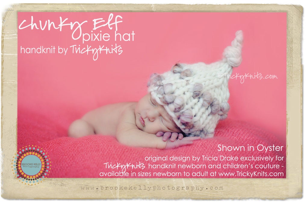 Baby girl hat or baby boy chunky elf gnome newborn photography prop or gift by TrickyKnits - handknit hat for infant in ivory handspun