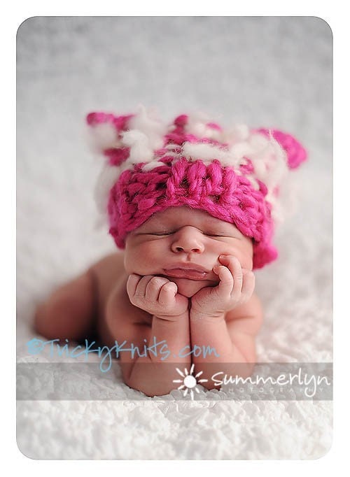 Baby Girl Photo Prop Hat Handknit Shower Gift or Newborn Photographer Prop