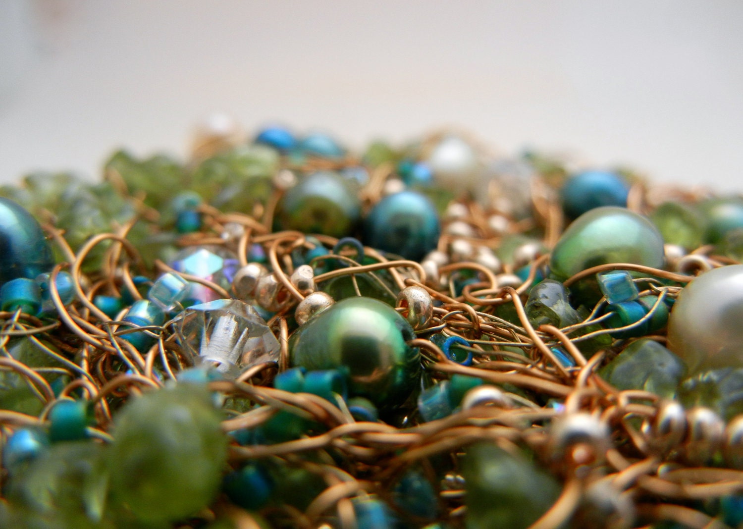 Gorgeous Large Brooch - Blue Pearls, Green Peridot - Knitted, Crocheted, Woven Wire in Simple Circle