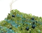 Very Large Beaded Peridot Pendant - Square Predilection - Knitted necklace with green and blue stone mosaic
