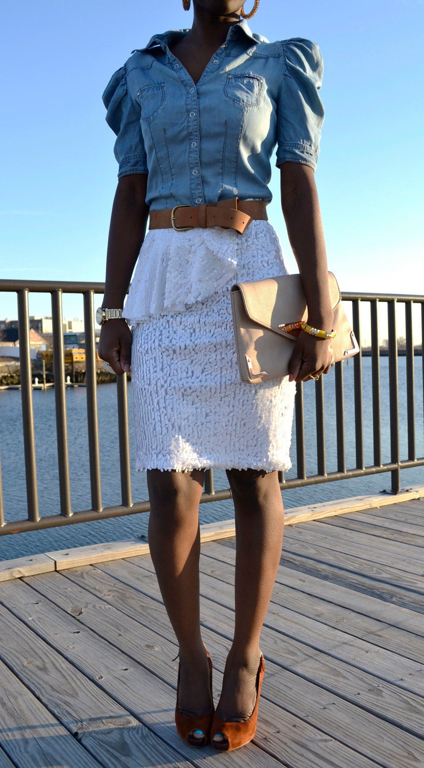 Ruffle Front Sequin Pencil Skirt