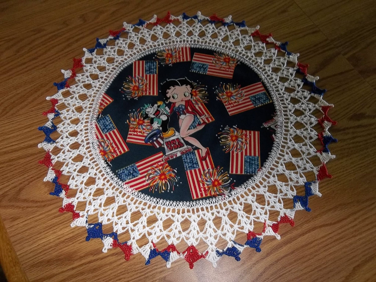 Crocheted Doily Fabric Center Crocheted Edge Betty Bo op USA Flags and Fireworks Patriotic 4th of July Memorial Day