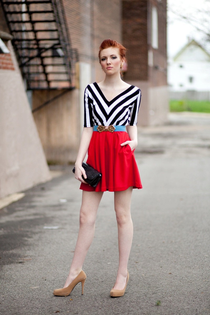 Black & White Chevron Striped Party dress with Pockets - Available with Red or Black bottom
