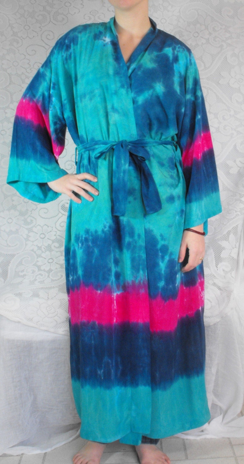 Tie Dye Rayon Robe in Aqua, Cobalt and Fuchsia