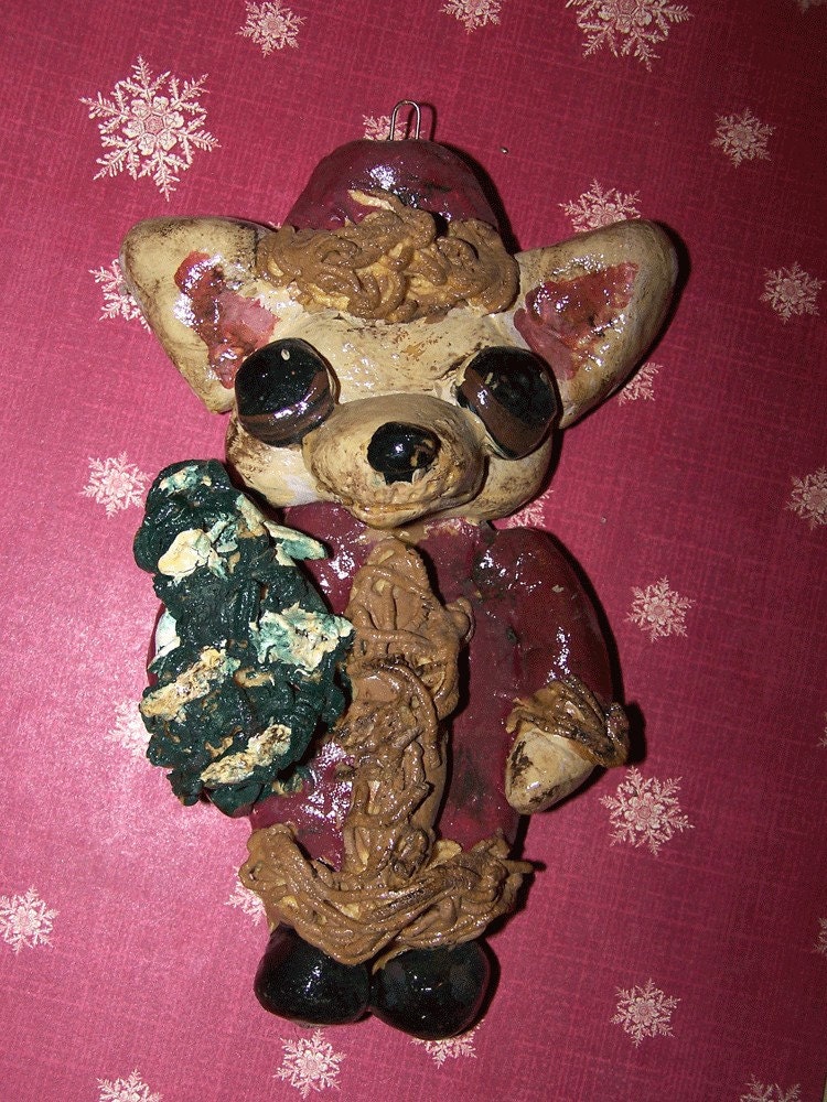 Folk Art Primitive Chihuahua Dog Santa Claus Ornament Ornie