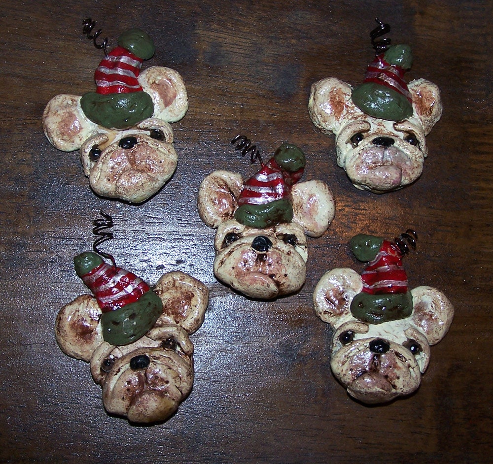 Folk Art Bakers Clay French Bulldog Dog Frenchie Ornaments 5 Feather Tree Ornaments Miniatures