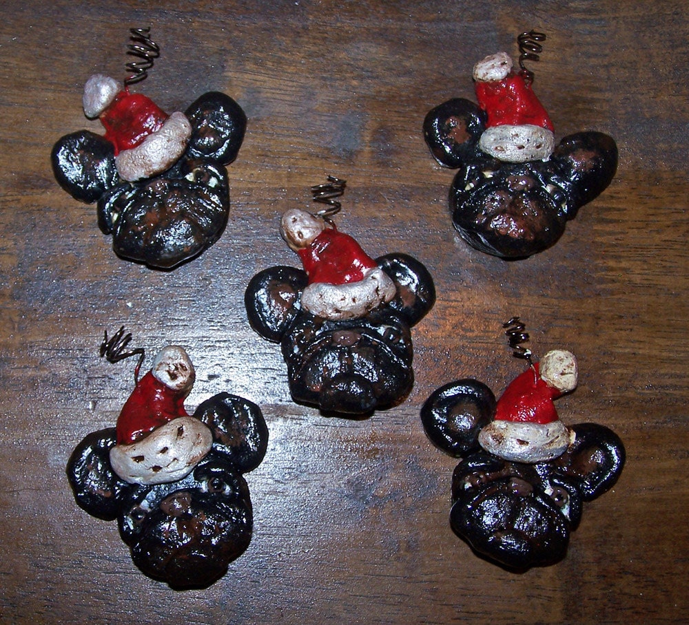 Folk Art Bakers Clay  Black French Bulldog Dog Frenchie Ornaments 5 Feather Tree Ornaments Miniatures