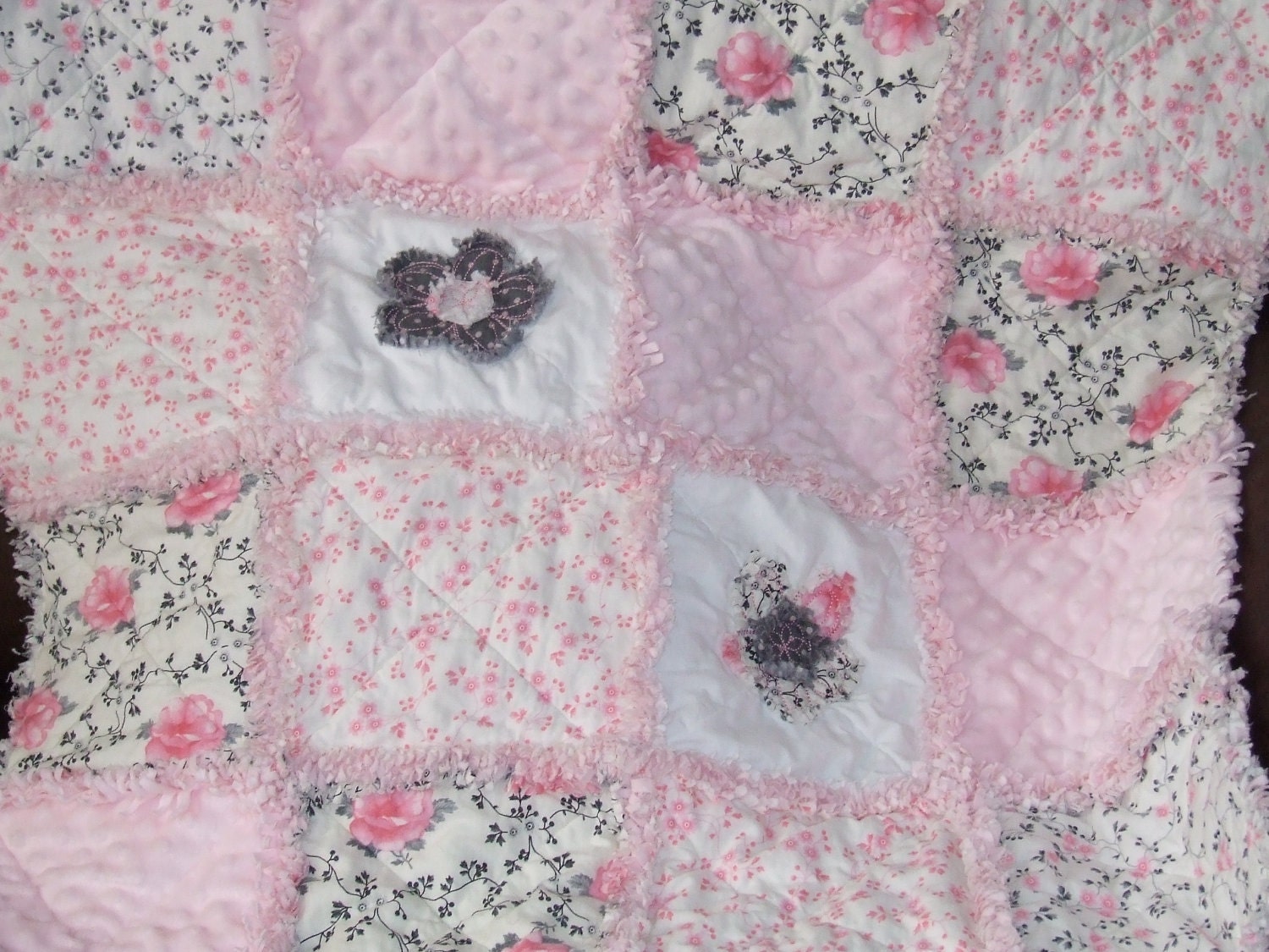 Custom Order 4 fosheki Personalized Pink n Gray Applique Raggy Roses  Minky Dot Chenille Baby Girl Rag Quilt Toddler 42 x 58