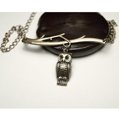 Antiqued brass Owl on a Branch Necklace