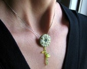 Flower Necklace Beaded Stem Rustic Chartreuse Green White Pendant Sterling Spring