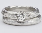 Diamond Engagement and Wedding Ring Set - Solitaire - Round Brilliant White Diamond - Prong Setting - Organic Textured