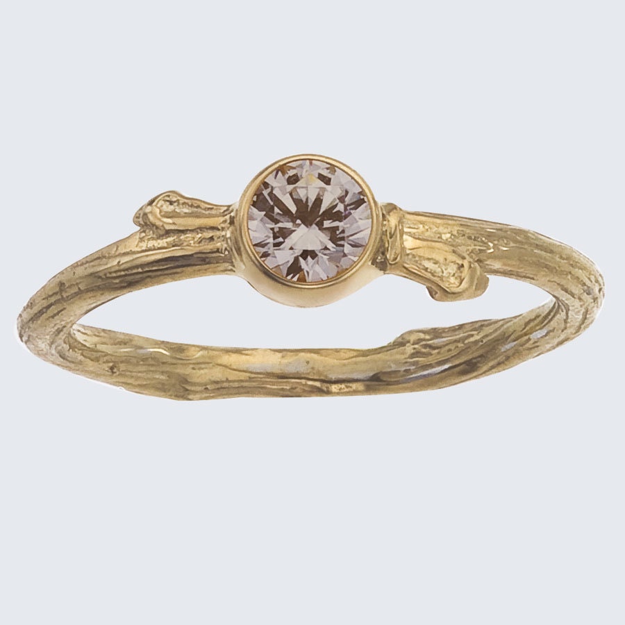 Engagement Ring - Champagne Diamond Bezel -Twig Solitaire  -  Gold  Branch  with Buds  -  As seen in Lucky Magazine