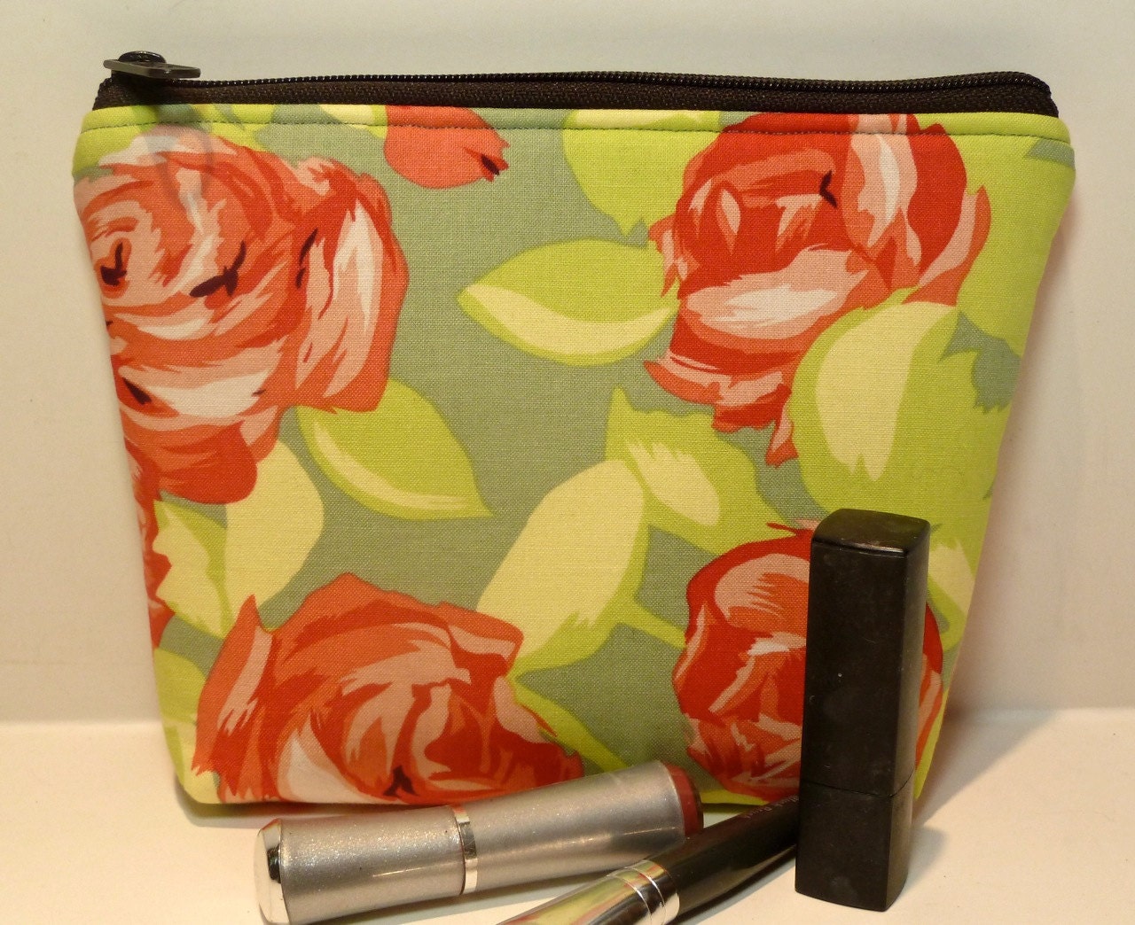 Tangerine Floral Makeup Bag/Zippered Pouch Padded Flat-bottomed