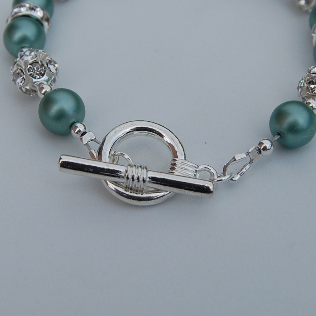 Bridesmaid Jewelry, Jade Green Pearl Rhinestone Bracelet, Bling Bridal Party