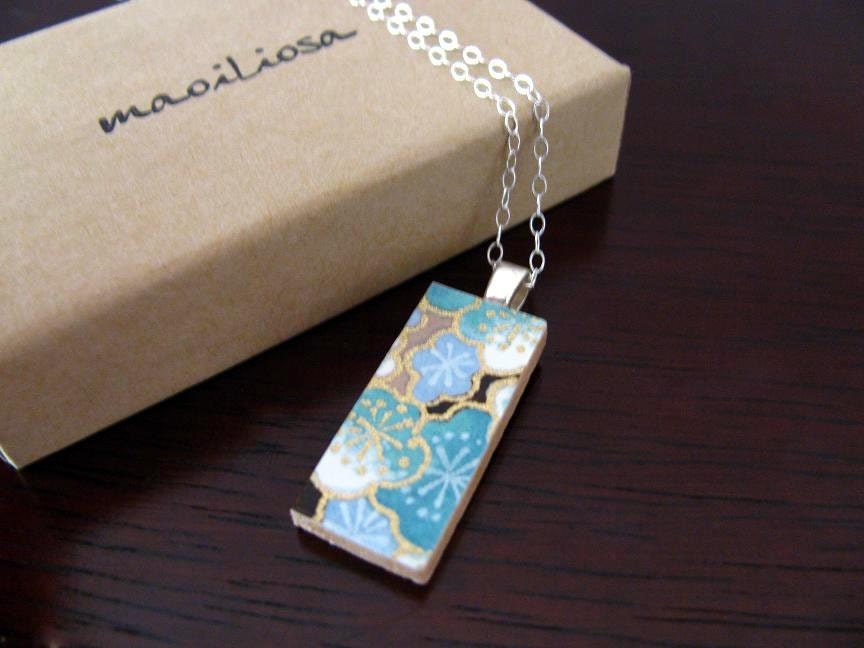 wooden japanese chiyogami pendant on a silver-plated chain - small - ice blossoms