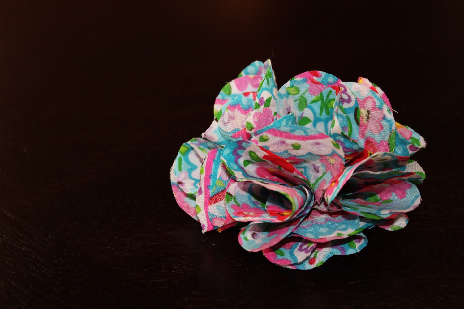Handmade  fabric flower brooch pin / Blue and pink floral print / Fun fashion accessory