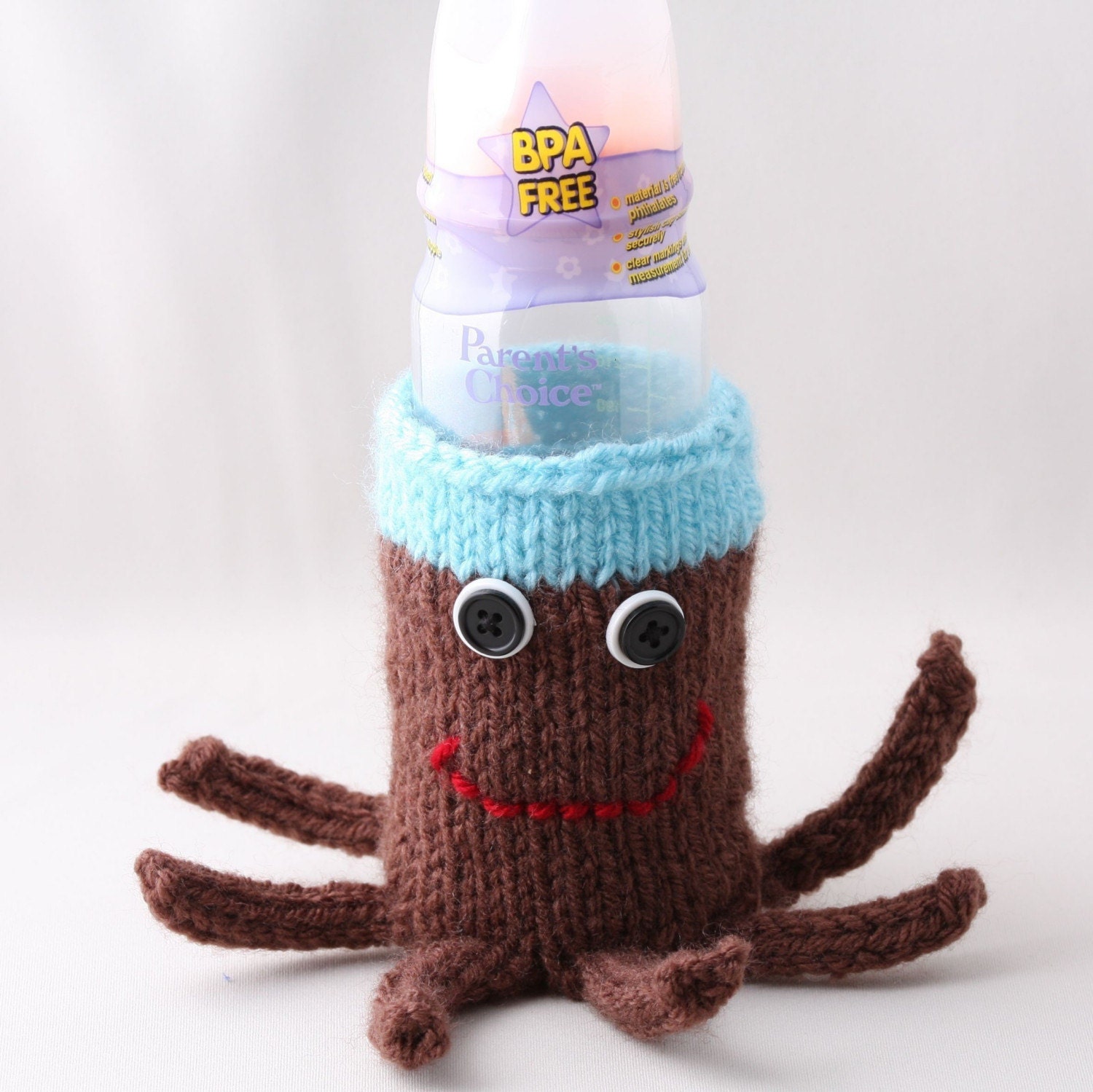 Baby Bottle Cuptopus Cozy in Brown and Aqua with white and Black Buttons