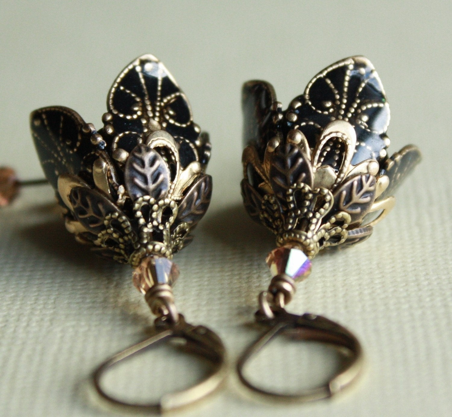 Black flower earrings - weddings,bridesmaid,swarovski crystal,brass,romantic,victorian,christmas,flower earrings