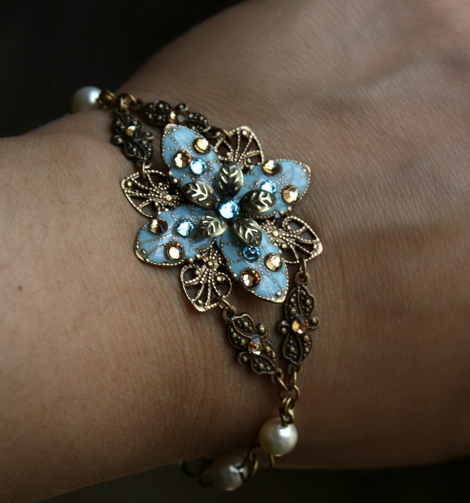 Bridal set bracelet blue bridesmaids jewelry pearl crystals
