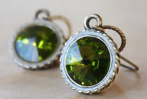 Crystal earrings, dangle, green, olive, Swarovski, rivoli, ivory, brass, Christmas gift