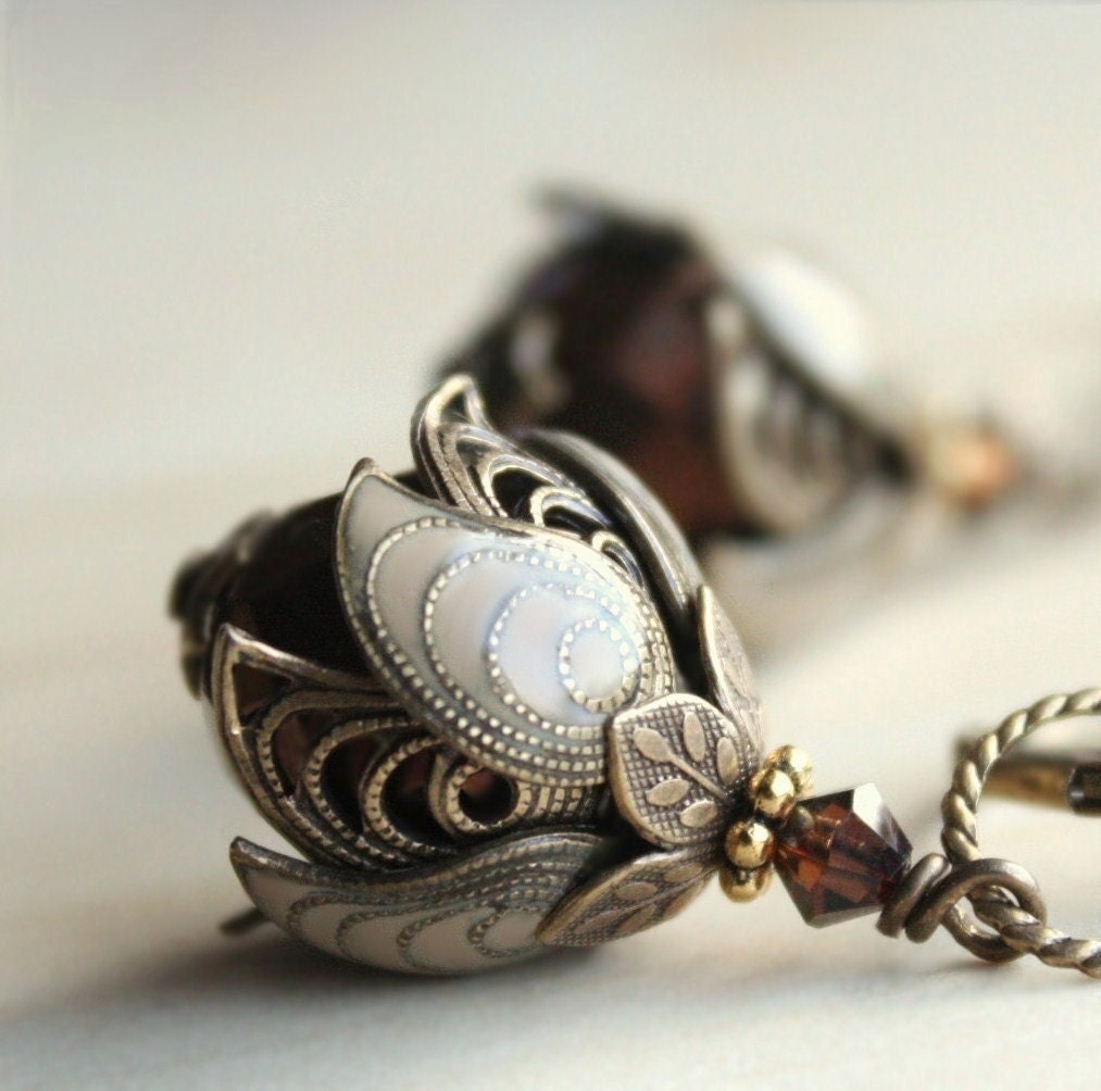 SALE Flower earrings - Autumn,Fall,brown,chestnut,tan,brass,filigree,flower,weddings,bridesmaid,swarovksi crystal,glass,bronze earrings