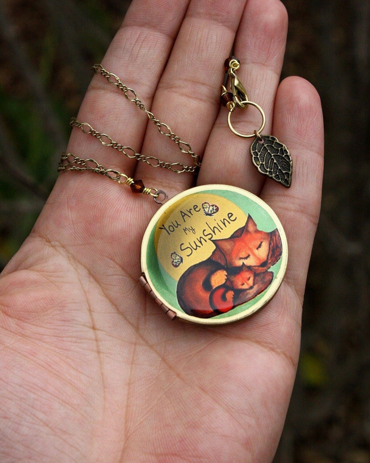 Fox locket, necklace, pendant, love, charm, vintage, brass