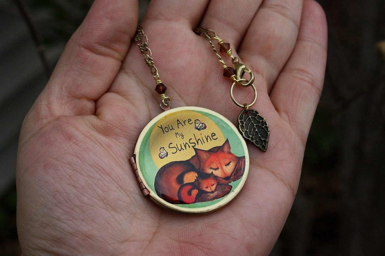 Fox locket, necklace, pendant, love, charm, vintage, brass