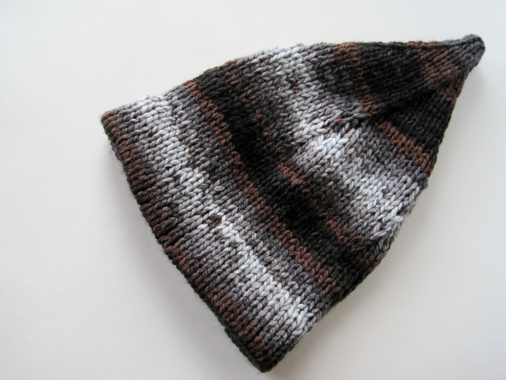 CHARCOAL and ASH mischief pixie cap - hand knit fae inspired hat - brown, black, cream, and grey- vegan
