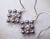 Snowflakes Earrings, Sterling Silver, Purple Swarovski Crystal Pearl, Wired Chinese Knot