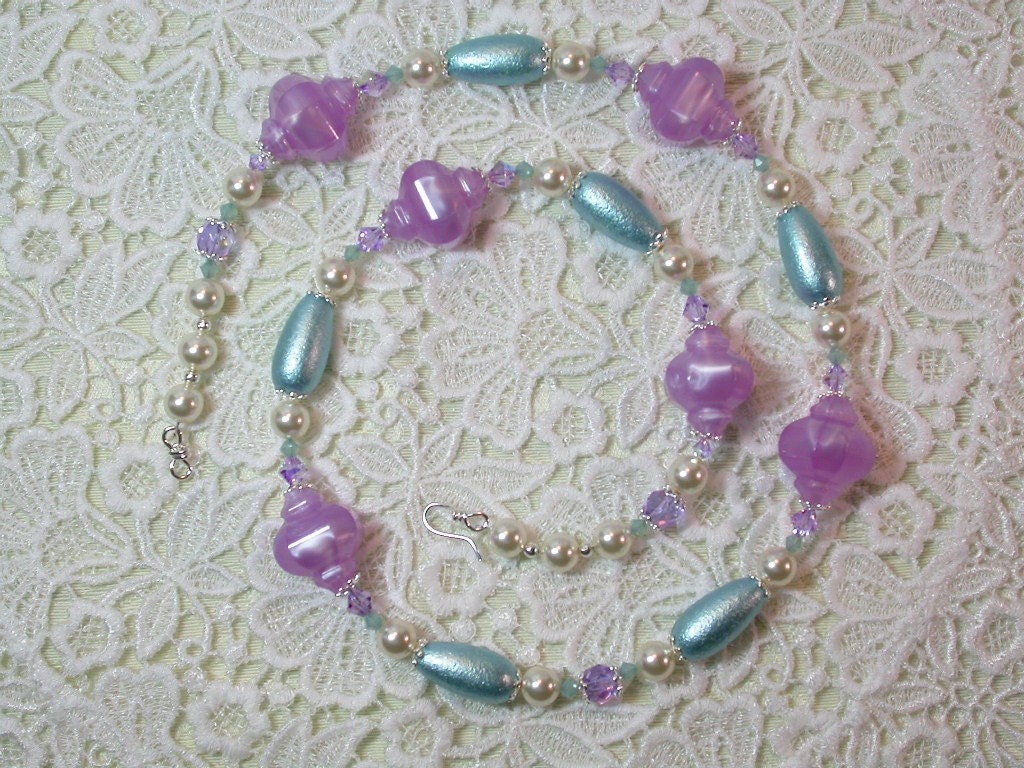 Vintage Lucite Beads Necklace Purple Aqua Pearls - Bold