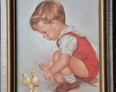 Vintage Art Print Young Boy with Chicks artist Leo Jansen - Framed