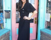 Seductive 1940s Vintage Little Black Swing Dress  40 Bust Cape Like Shoulder w Rhinestone Buttons FREE U S SHIPPING