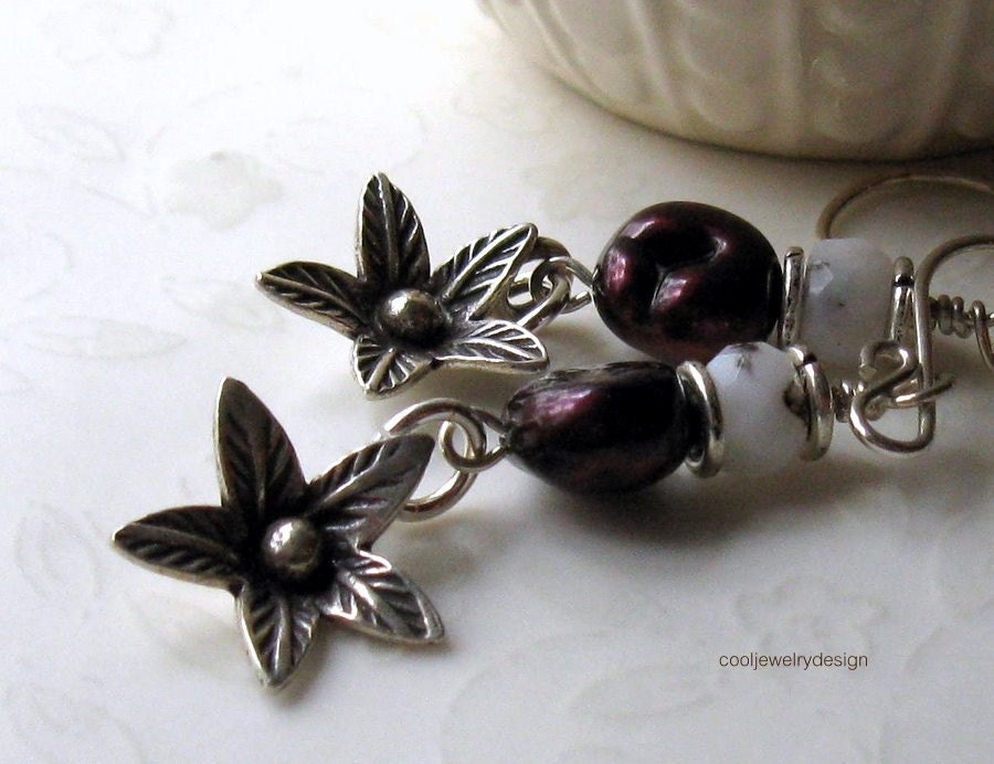 Boho Floral Dangle Earrings / Organic Garnet Pearl Dangle Earrings / Earthy