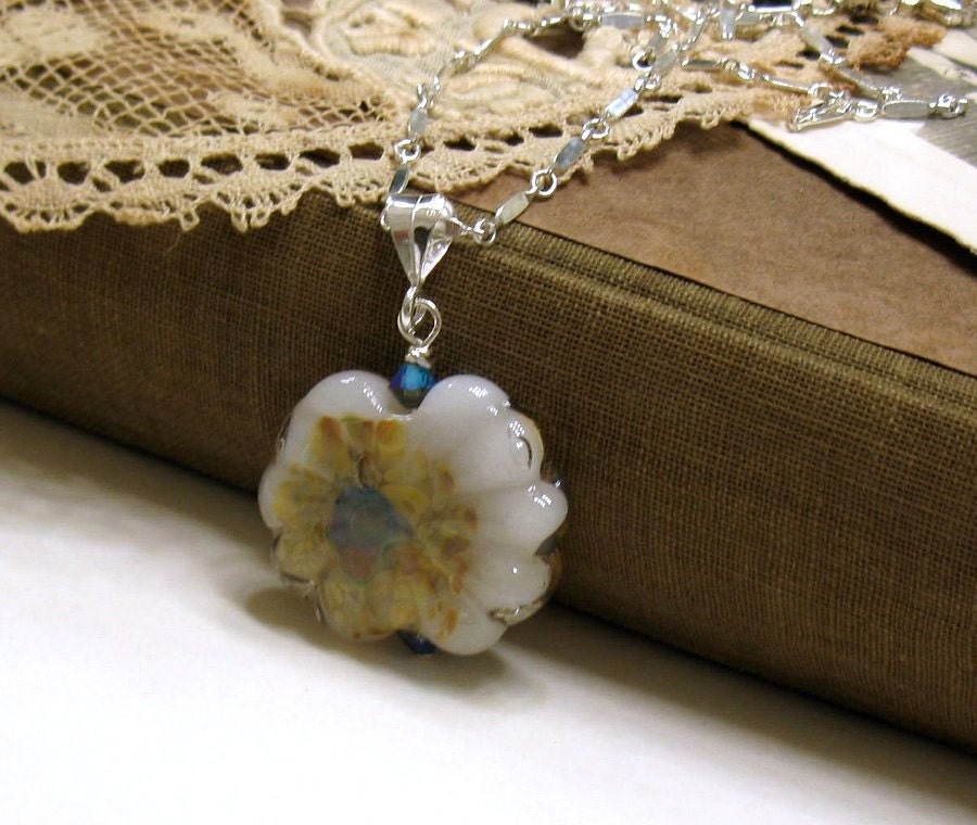Bohemian Flower Lampwork Sterling Silver Necklace /  Romantic Pendant Necklace / Rustic / Flower / Honey