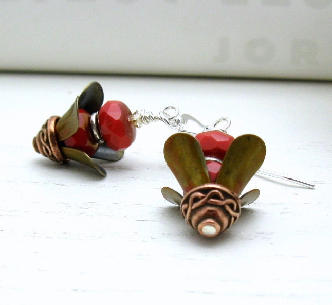 Orange Sterling Silver Boho Dangle Earrings / Modern / Bohemian / Woodland / Rustic / Mixed Metals