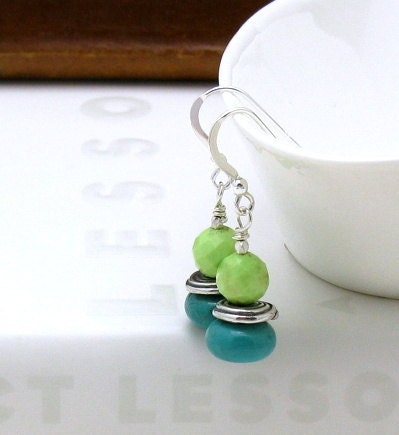 Turquoise Sterling Silver Modern Earrings / Lime Turquoise Silver Beaded Earrings / Fresh / Bright / Minimalist