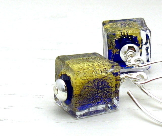 Modern Blue Gold Murano Glass Sterling Silver Earrings / Modern Blue Dangle Earrings / Midnight / Minimalist / Mod / Cool