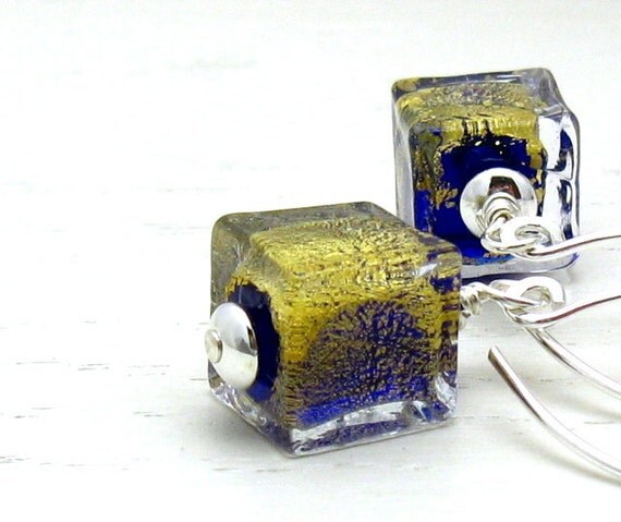 Modern Blue Gold Murano Glass Sterling Silver Earrings / Modern Blue Dangle Earrings / Midnight / Minimalist / Mod / Cool