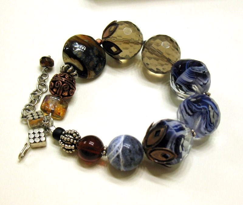 Bohemian Blue Brown Beaded Bracelet with Sterling Silver / Denim Blue Beaded Bracelet / Statement / Chunky / Earthy