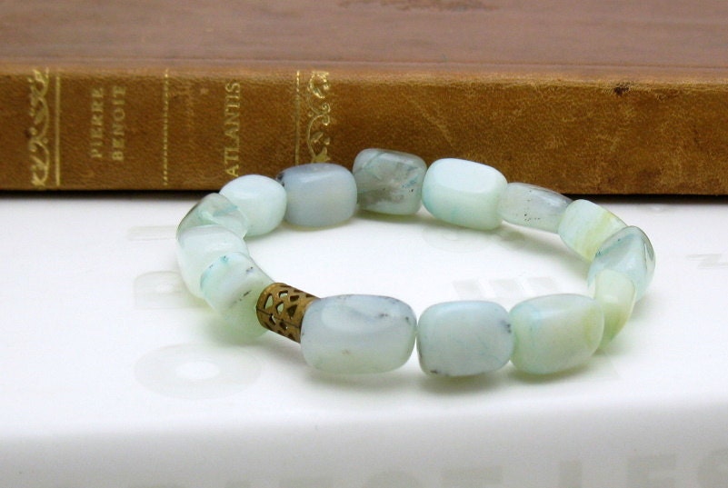 Boho Blue Opal Beaded Bracelet / Organic Opal Beaded Bracelet / Natural / Aqua Beaded / Pale Pastel