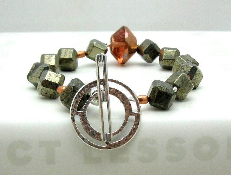 Pyrite Sterling Silver Modern Beaded Bracelet / Metallic Urban Beaded Bracelet / City / Industrial / Geometric