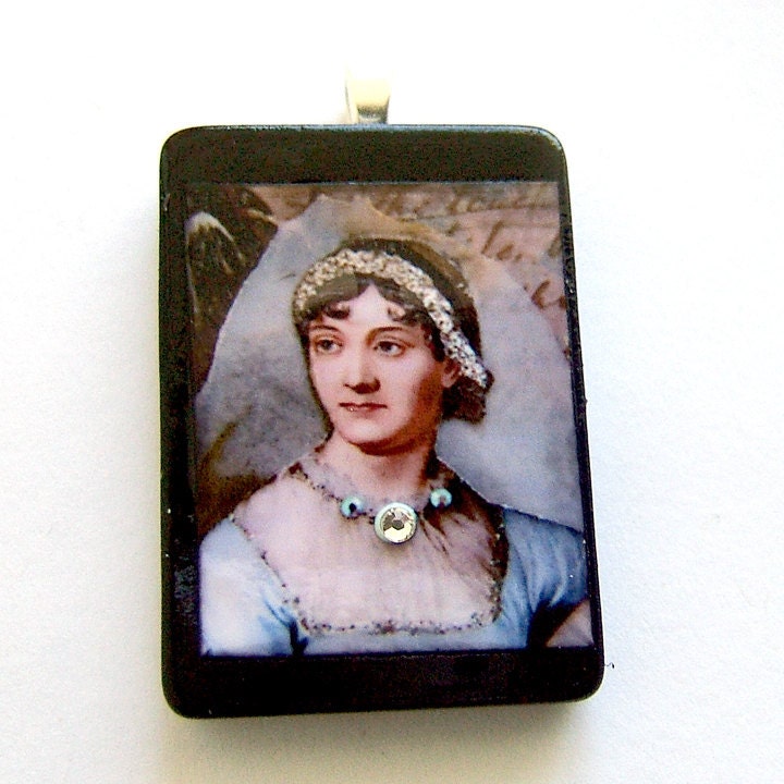 writer Jane Austen recycle game tile Pendant necklace Swarovski crystals