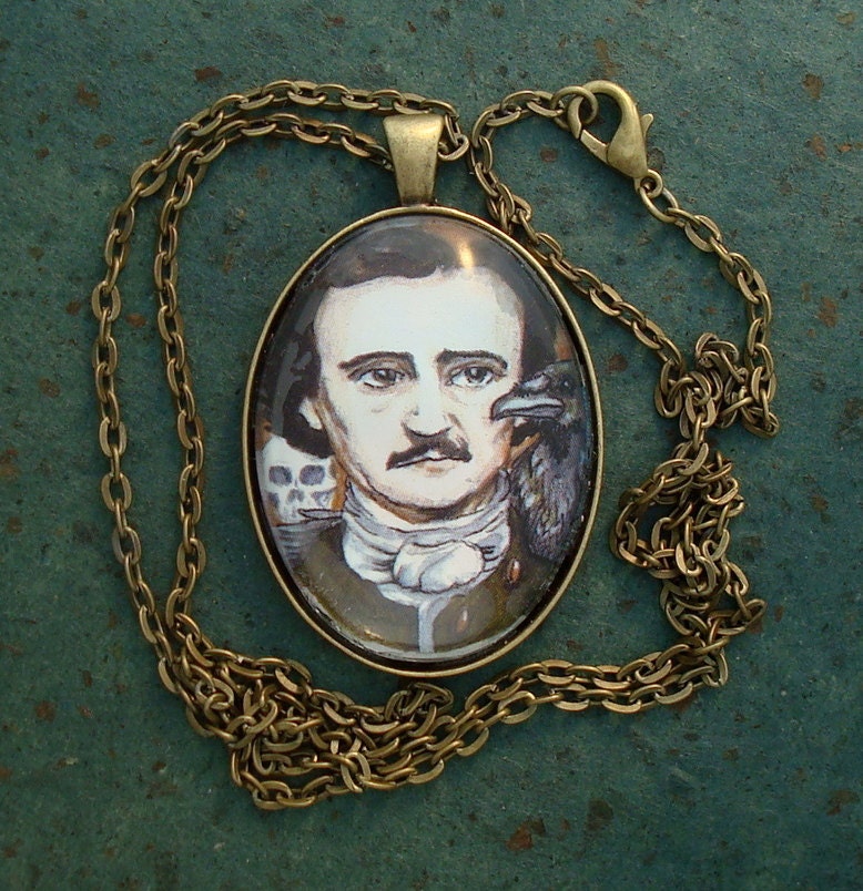 Edgar Allen Poe Victorian Locket Miniature Portrait original wearable art print, watercolor