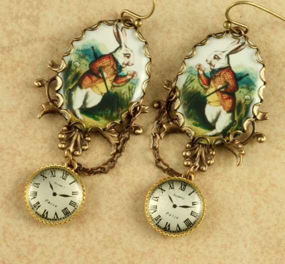 White Rabbit Earrings Alice in Wonderland Earrings Pocket Watch Earrings Brass Filigree Vintage Style Altered Art