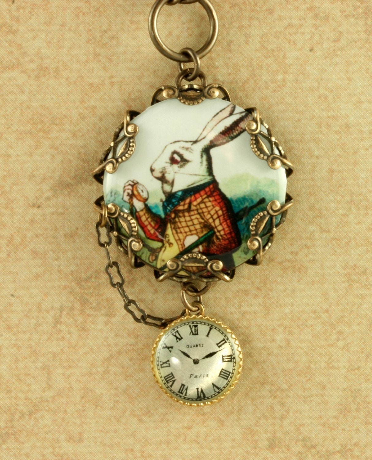 White Rabbit Earrings Alice in Wonderland Earrings Pocket Watch Earrings Brass Filigree Vintage Style Altered Art