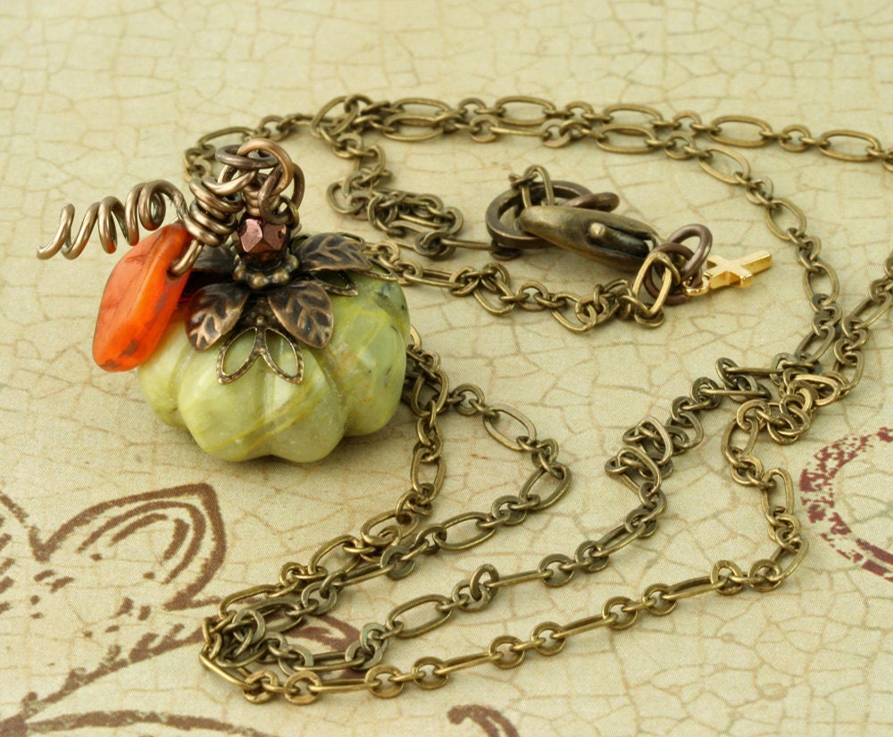 Green Pumpkin Necklace Halloween Necklace Autumn Necklace Green Pumpkin Long Brass Chain Orange Leaf Halloween Autumn Fall Woodland Rustic